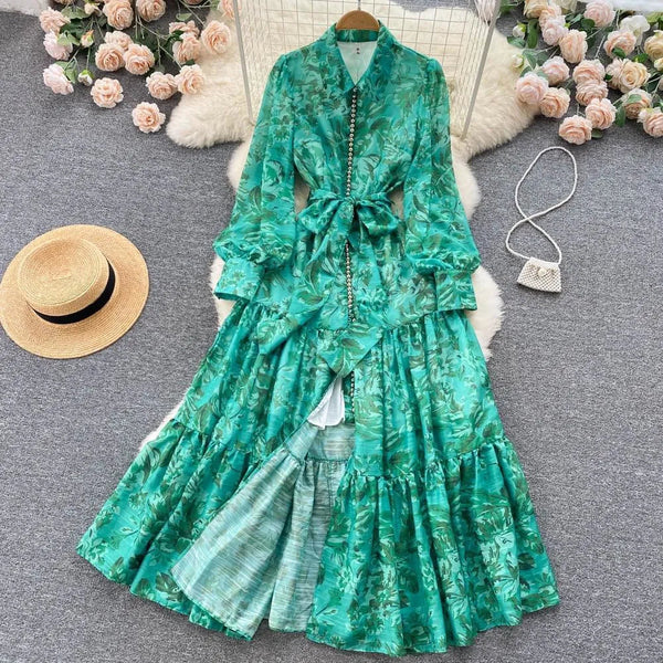 Earth Print Long Sleeve Maxi Dress - Green / m - St Vesti | All Dresses - Cocktail Dresses Formal Dresses + More.