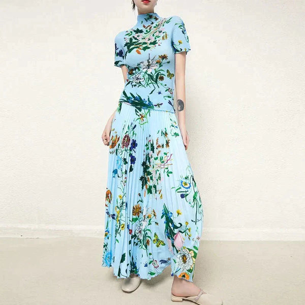 Fiona Floral Two Piece Maxi Skirt & Top Set In White - Blue / s - St Vesti | All Dresses - Cocktail Dresses Formal
