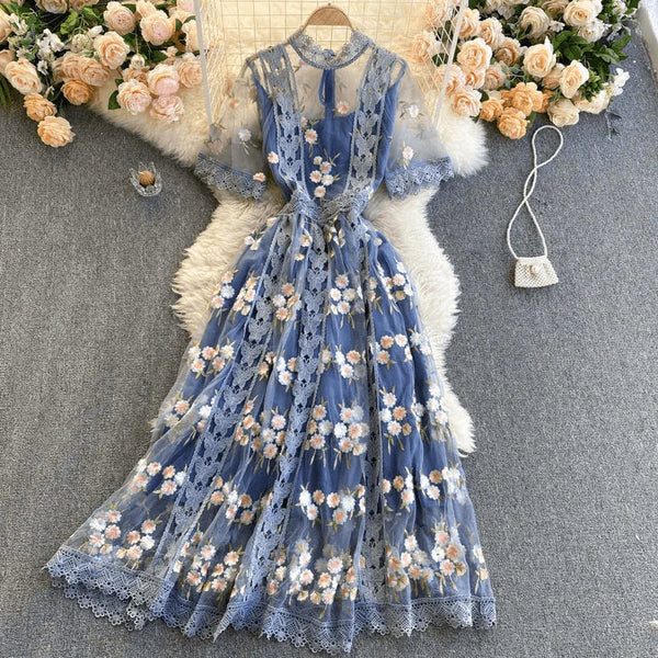 Flower Embroidered Midi Dress In Blue - St Vesti | All Dresses - Cocktail Dresses Formal Dresses + More.