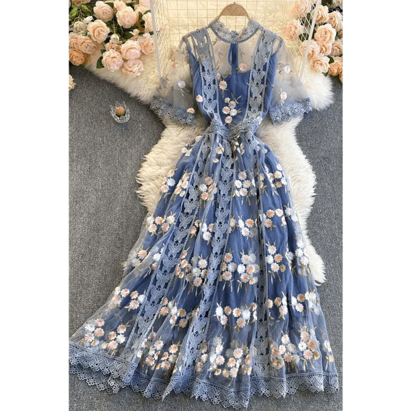 Flower Embroidered Midi Dress In Blue - St Vesti | All Dresses - Cocktail Dresses Formal Dresses + More.