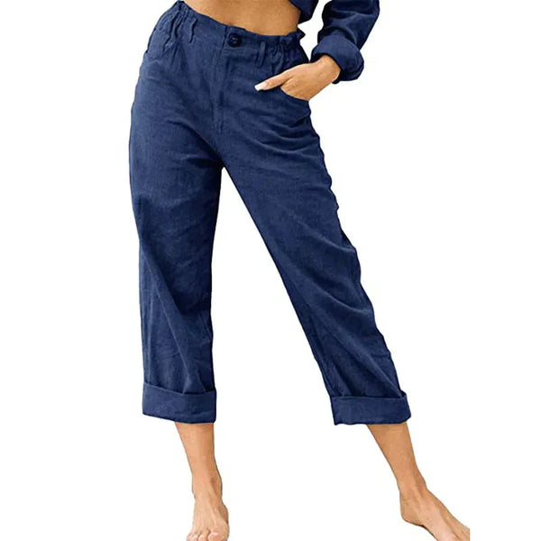 High Waist Linen Blend Pants - Navy / s - St Vesti | Women’s Pants | Jeans Trousers Pants Joggers & Culottes