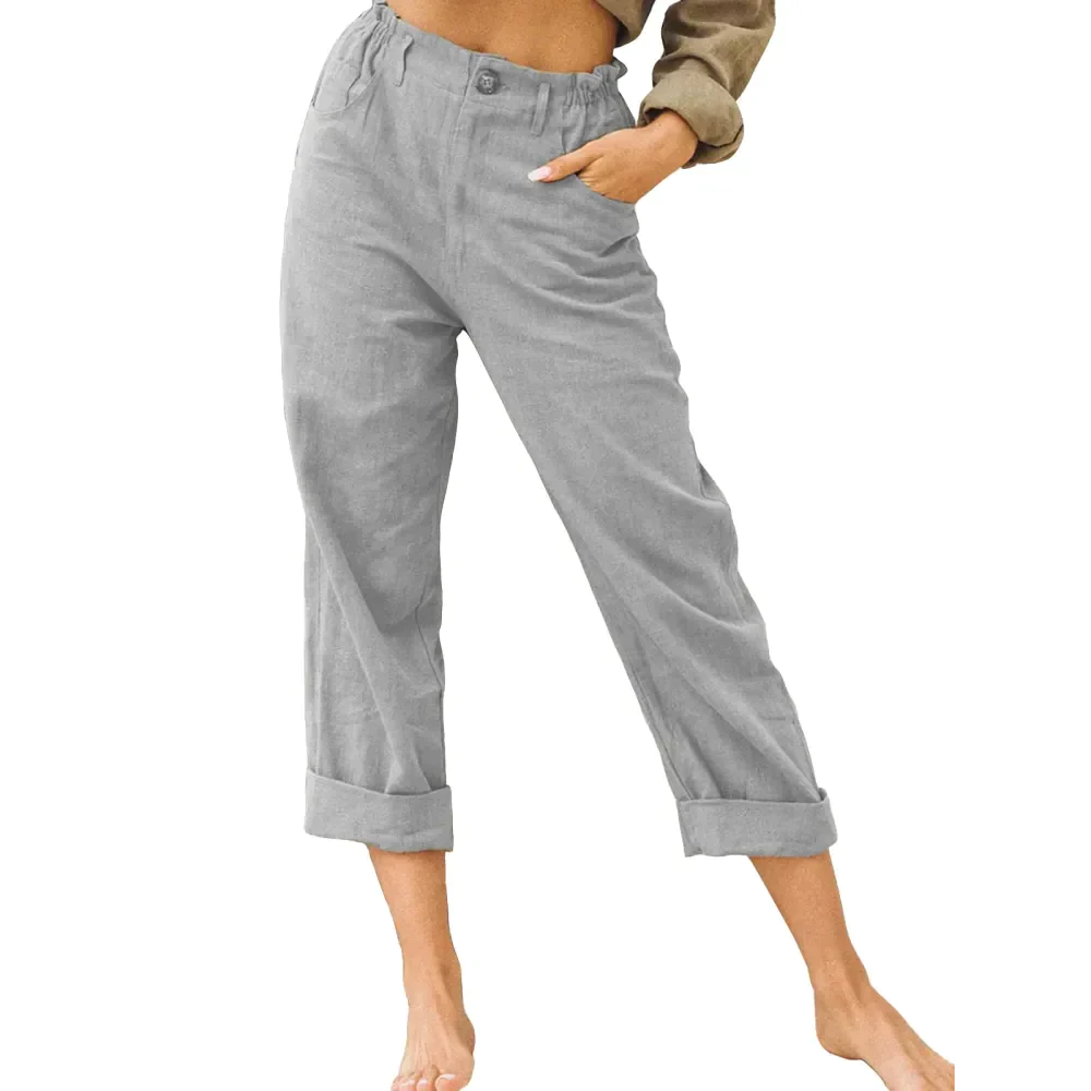 High Waist Linen Blend Pants - Grey / s - St Vesti | Women’s Pants | Jeans Trousers Pants Joggers & Culottes