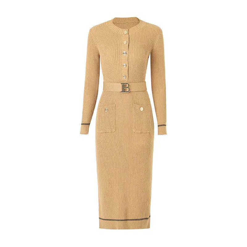 Jedda Long Sleeve Knit Maxi Dress In Khaki - Khaki / One Size - St Vesti | All Dresses - Cocktail Dresses Formal Dresses