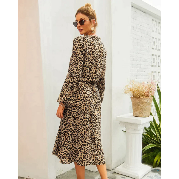 Leopard Print Long-sleeved Midi Dress - St Vesti
