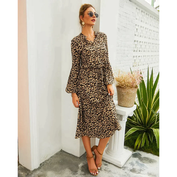 Leopard Print Long-sleeved Midi Dress - Khaki / s - St Vesti