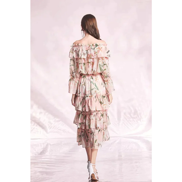 Lily Long Sleeve Flower Midi Dress In Pink - St Vesti | All Dresses - Cocktail Dresses Formal Dresses + More.