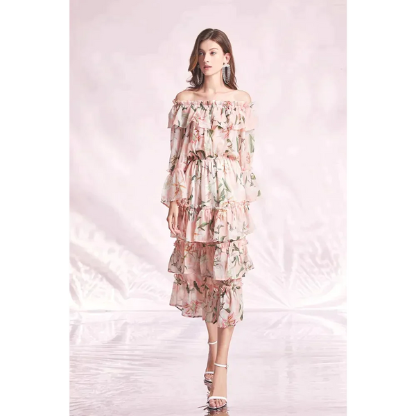 Lily Long Sleeve Flower Midi Dress In Pink - St Vesti | All Dresses - Cocktail Dresses Formal Dresses + More.