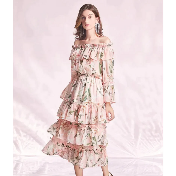 Lily Long Sleeve Flower Midi Dress In Pink - Pink / s - St Vesti | All Dresses - Cocktail Dresses Formal Dresses + More.