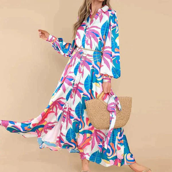 New Printed Dresses Long-sleeved Polo Collar Oversized Hem Dresses Women - s / Flower Color - St Vesti