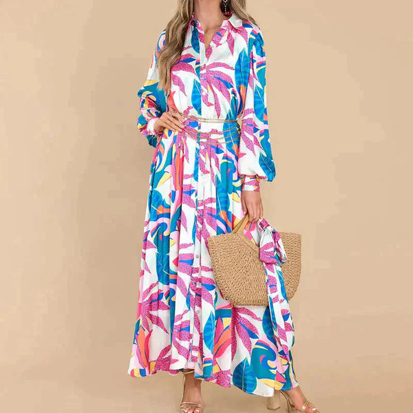 New Printed Dresses Long-sleeved Polo Collar Oversized Hem Dresses Women - St Vesti