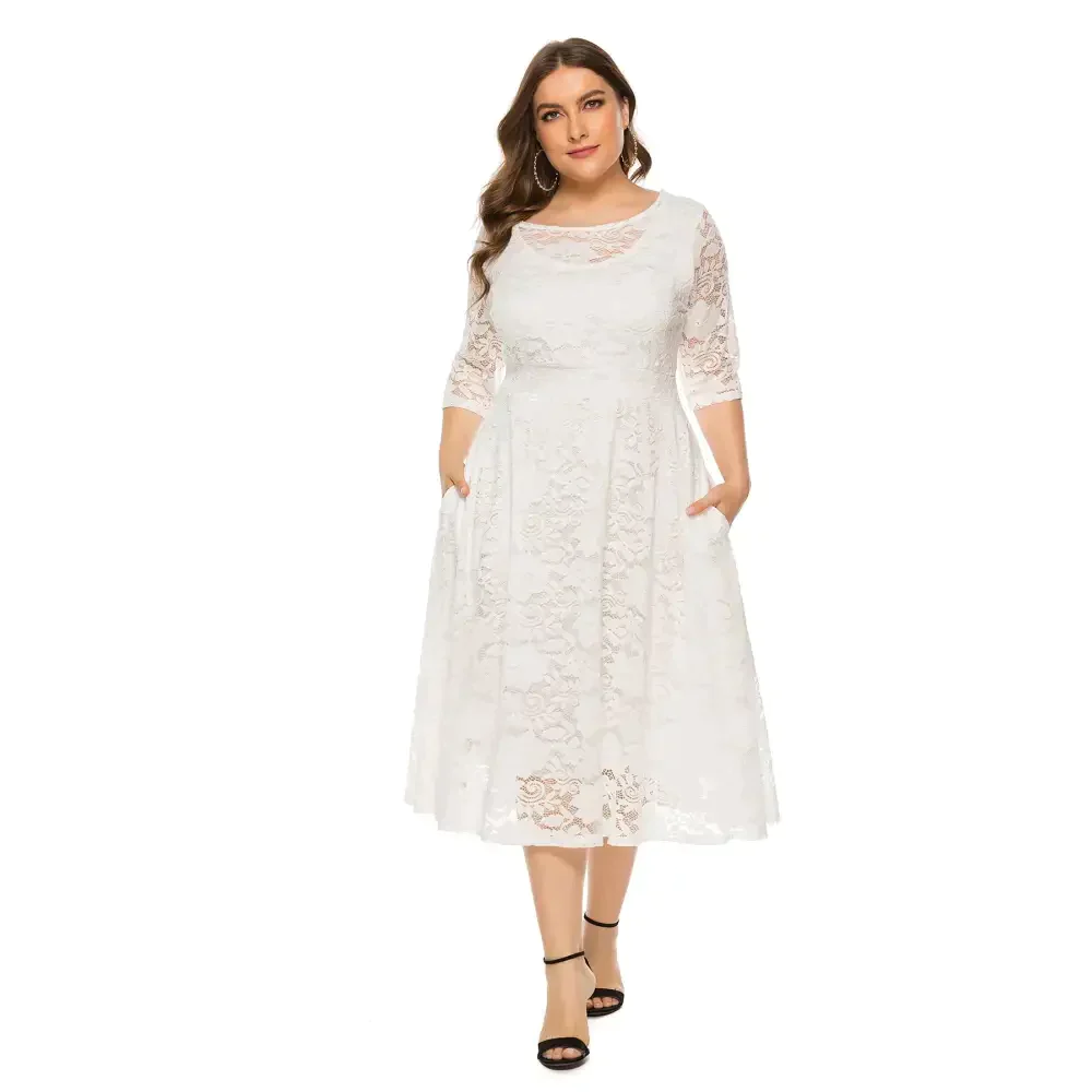 Plus Size Lace Dinner Midi Dress Multi Colour - White / Xl - St Vesti | All Dresses - Cocktail Dresses Formal Dresses +