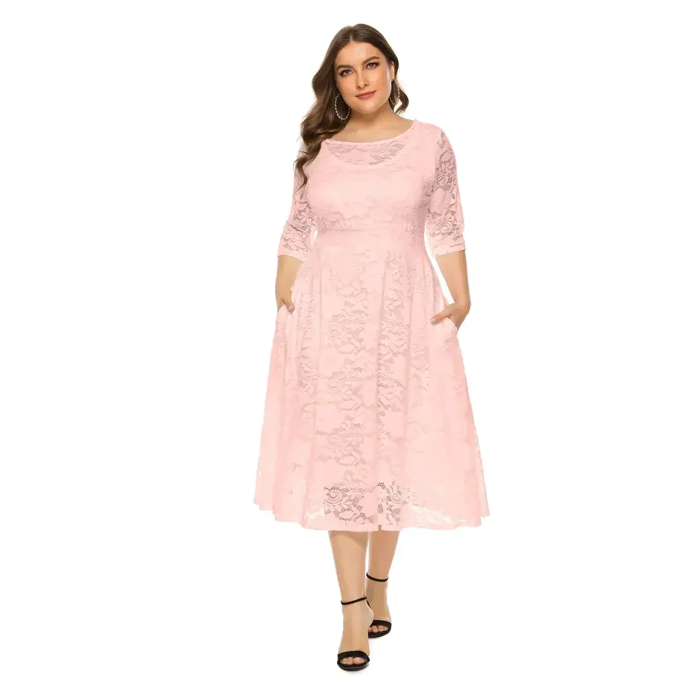 Plus Size Lace Dinner Midi Dress Multi Colour - Pink / Xl - St Vesti | All Dresses - Cocktail Dresses Formal Dresses +