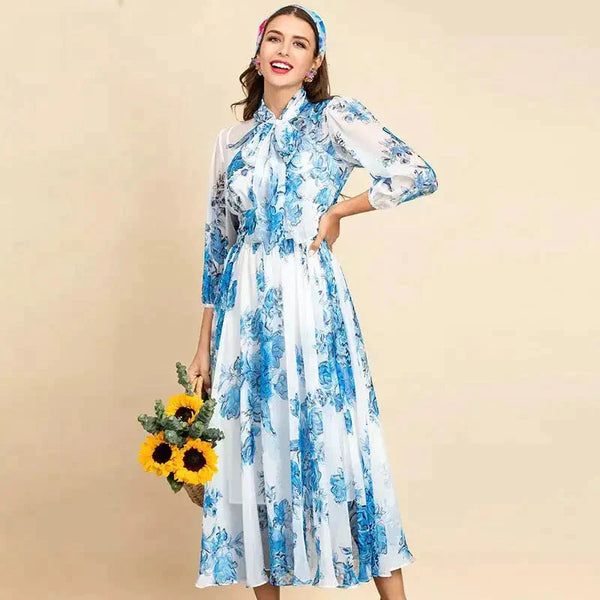 Tina Rich Floral-print Ruffled Midi Dress - Blue / s - St Vesti | All Dresses - Cocktail Dresses Formal Dresses + More.